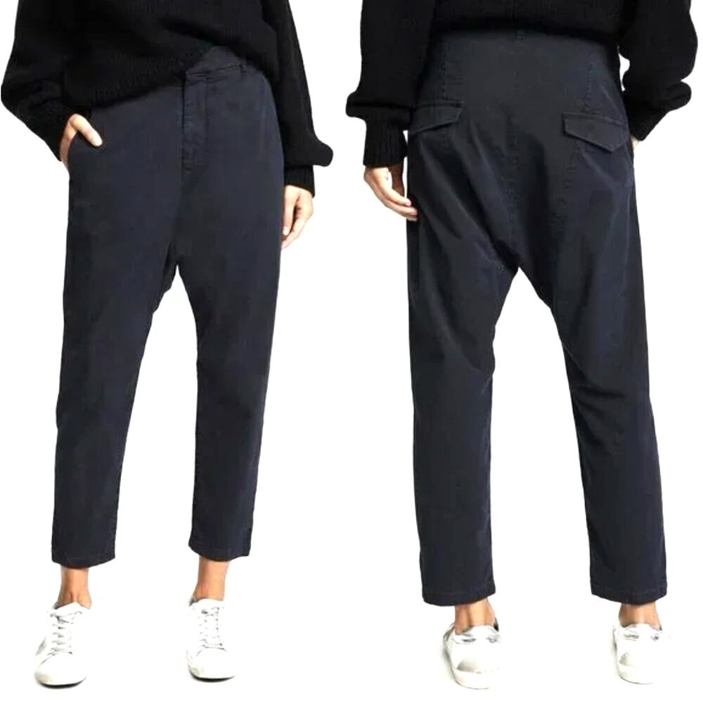 Nili Lotan 6 Slouchy Paris Pants Cotton Drop Crotch Cropped Chic Washed Black